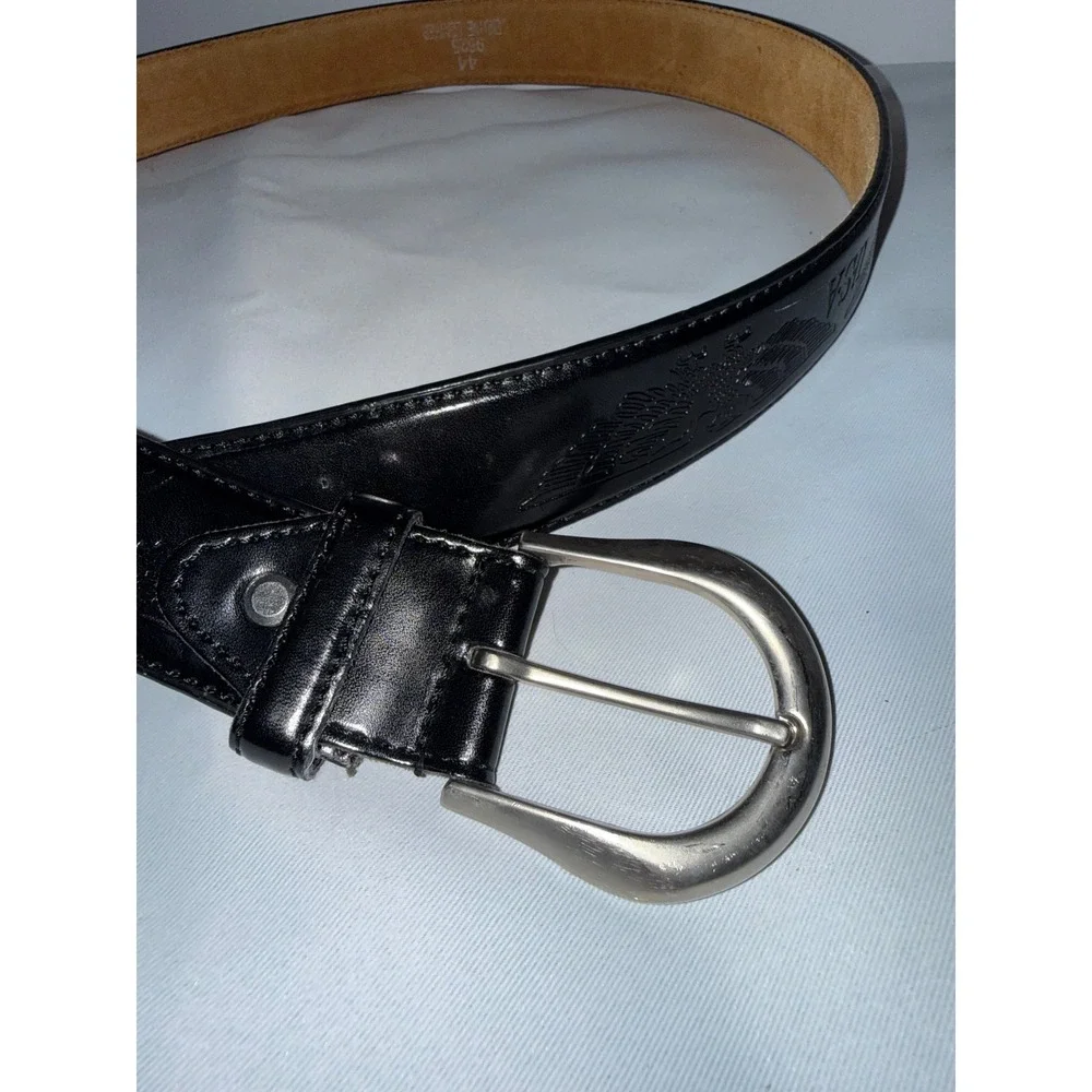 Vintage USA Eagle Embossed Genuine Leather Belt Black Silver Buckle Size 44 9625